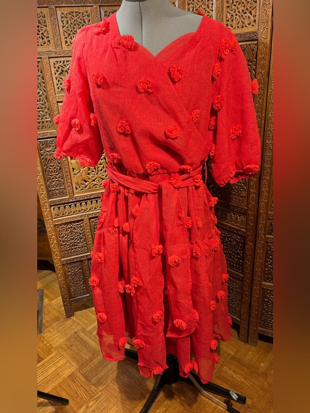 Ivy City Co Red Pom-Pom Wrap Midi Dress
